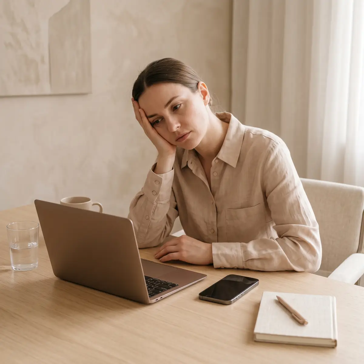 Burnout: como saber se o cansaço virou esgotamento Mulher cansada apoiando a cabeça na mão diante do notebook, com sinais de esgotamento profissional (burnout)