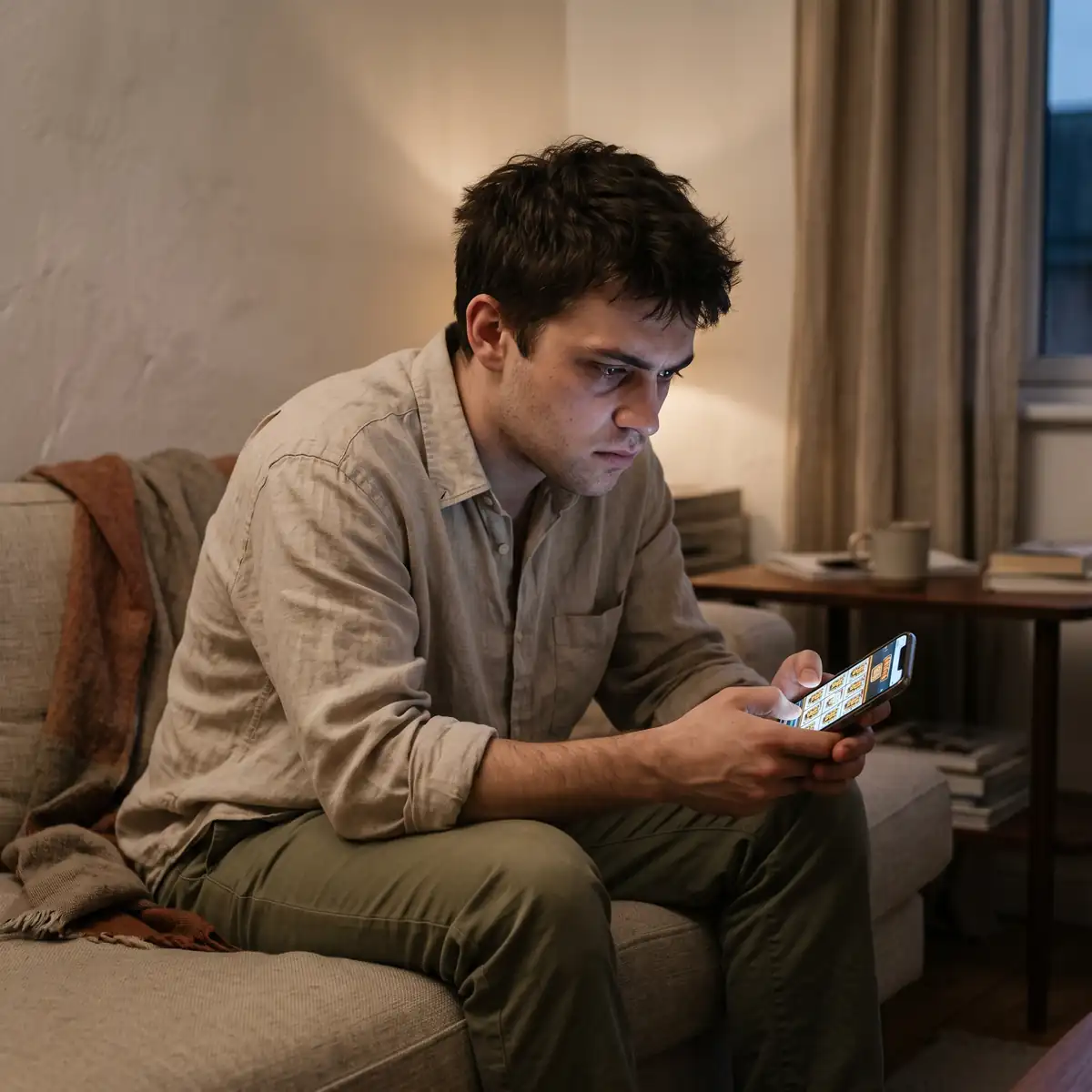 Vício em apostas: por que é tão difícil parar Homem sentado no sofá à noite olhando o celular com um jogo de cassino online na tela, retrato do vício em apostas
