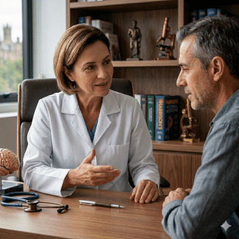 médica explicando ao paciente sobre tratamento para alzheimer com lecanemabe