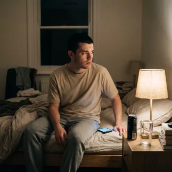 Jovem adulto sentado na beira da cama à noite, tenso e sem dormir, com lata de energético e copo cheio ao lado: gatilhos de surto psicótico