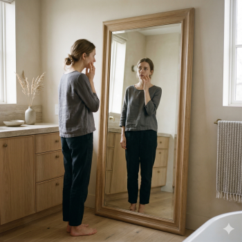 mulher refletindo sobre magreza extrema e saúde mental diante do espelho