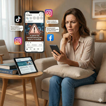 Infográfico sobre misinformação em saúde nas redes sociais e como identificar informações confiáveis.