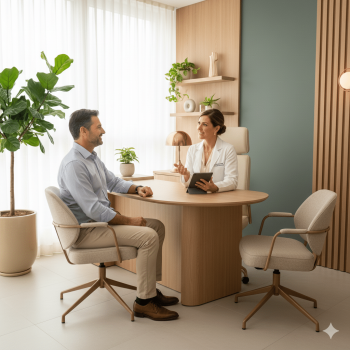 Profissional da saúde orientando paciente sobre o uso seguro da tirzepatida e os riscos das fórmulas manipuladas