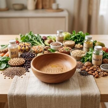 Mesa com leguminosas, grãos, castanhas, sementes, folhas verdes e frascos de vitamina B12 e ômega-3: alimentação vegana equilibrada