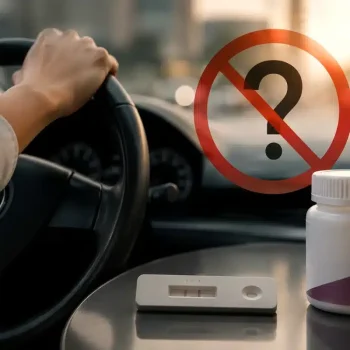 Mão ao volante ao lado de teste rápido de drogas e frasco de medicamento, representando a dúvida sobre Venvanse e direção